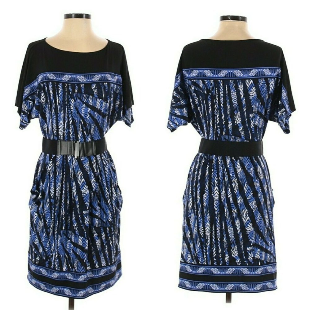 BCBG Maxazria Belted Dress Blue Geometric Jersey